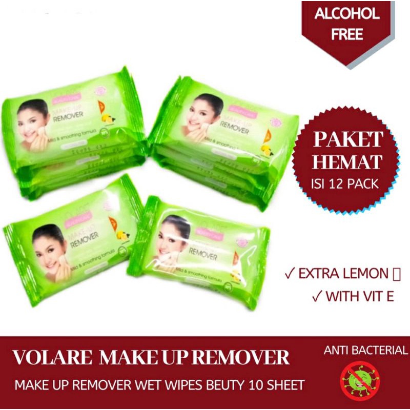 (PAKET HEMAT ISI 12) Volare Make Up Remover 10'S Tisu Pembersih Make Up Tisu Basah Wet Wipes