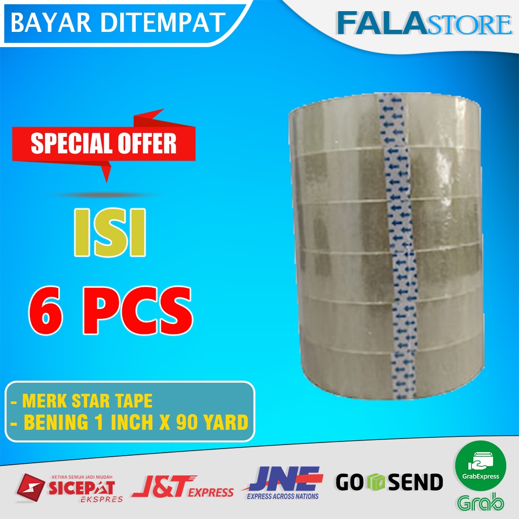 

Solasi Isolasi Solatip Solatif Lakban Bening Putih Star Tape Kuat 2,4cm x 90 Yard1 Roll Isi 6 PCS