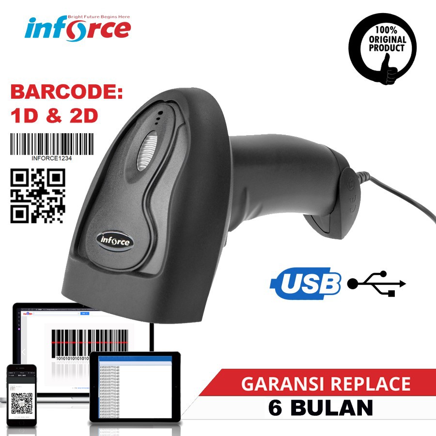Inforce Barcode Scanner T220 2D/1D USB Wired Kabel Cable Handheld