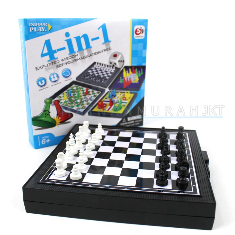 MAINANKEI ANAK SET PAPAN CATUR MINI MAGNET 4-IN-1 0836A-15 SET LUDO ULAR TANGGA