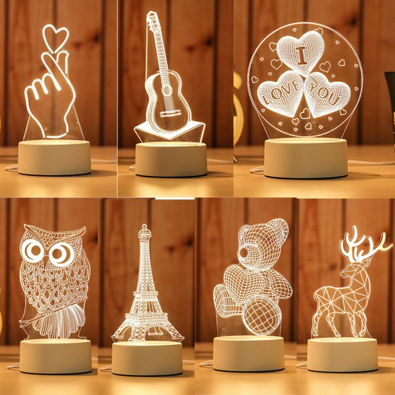 3D Visual Acrylic LED Night Lights/Novelty Illusion Festival Mini Table Lamp/Table Desk Bedroom Decoration Bedside Lamps/USB Cable Christmas New Year Gift