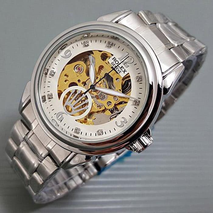 Jam Tangan Pria Matic Rolex Skeleton Jewelry Rantai Silver White