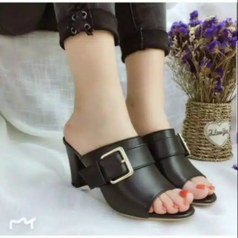 Sandal Heels Wanita Ukuran Jumbo besar Hak 7cm Ukuran no 41-42-43-44-45 sendal heel selop hitam cewek modis elegant mewah murah