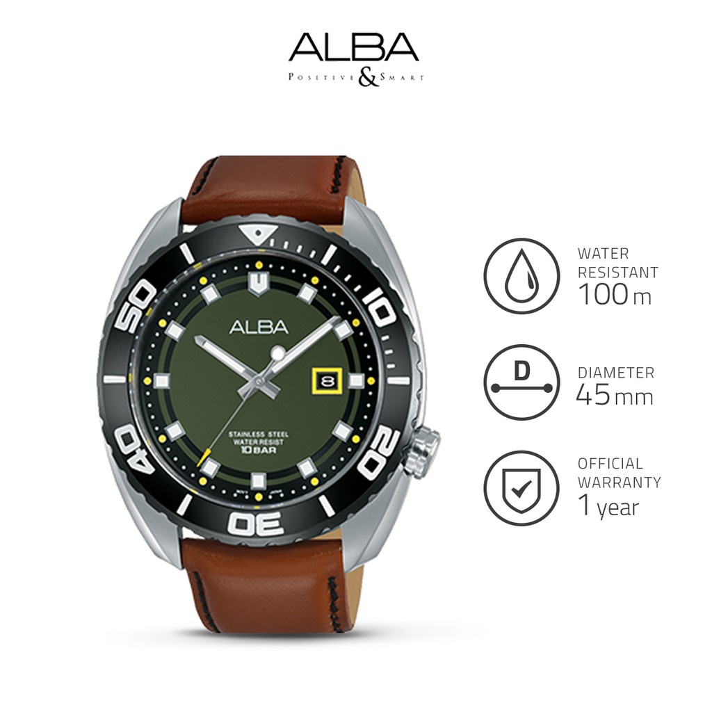 Alba Active Jam Tangan Pria AG8H49 / AG8H49X1 Quartz Dark Green Dial Brown Genuine Leather Strap Wat