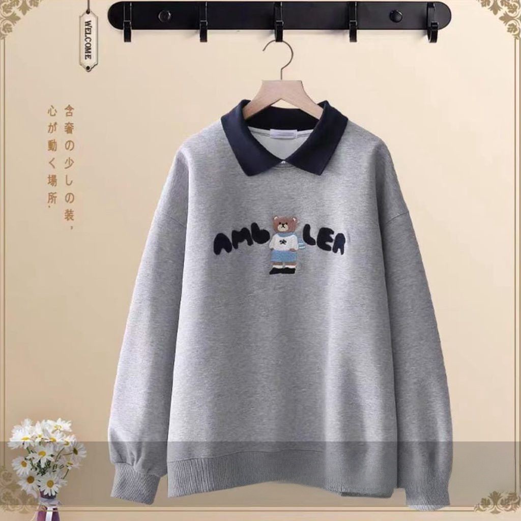 AMBLER BEAR COLAR Sweater Crewneck Oversize Wanita Atasan Blouse Terbaru Motif Cute Korean Fashion Style Kasual Kekinian FLEECE Tebal