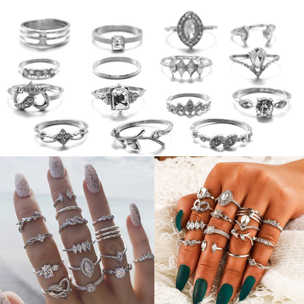 ROW 15PCS Party Rings Set Women Hollow Heart Boho Finger Ring Fashion Jewelry Silver Color Elegant Statement Crystal Leaves Flower