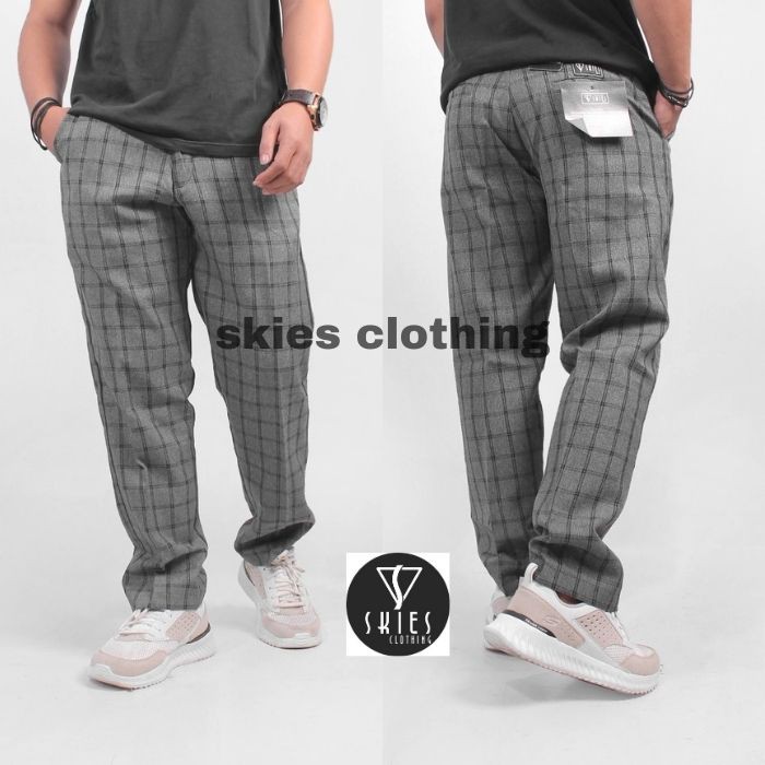 Celana Tartan Panjang Pria Motif Kotak abu Garis Hitam Slimfit Katun Semi Wol Outfit Original Skies