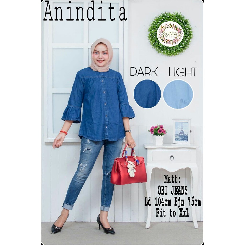 atasan kemeja TEROMPET wanita anindita jeans wash polos  kekinian murah