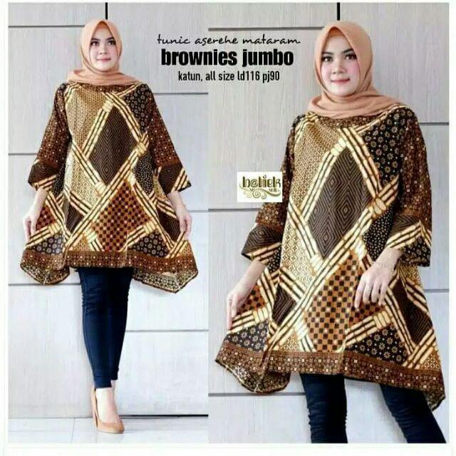 Tunik Aserehe Mataram Brownies Jumbo Batik Sogan Big Size Muslim Kantor