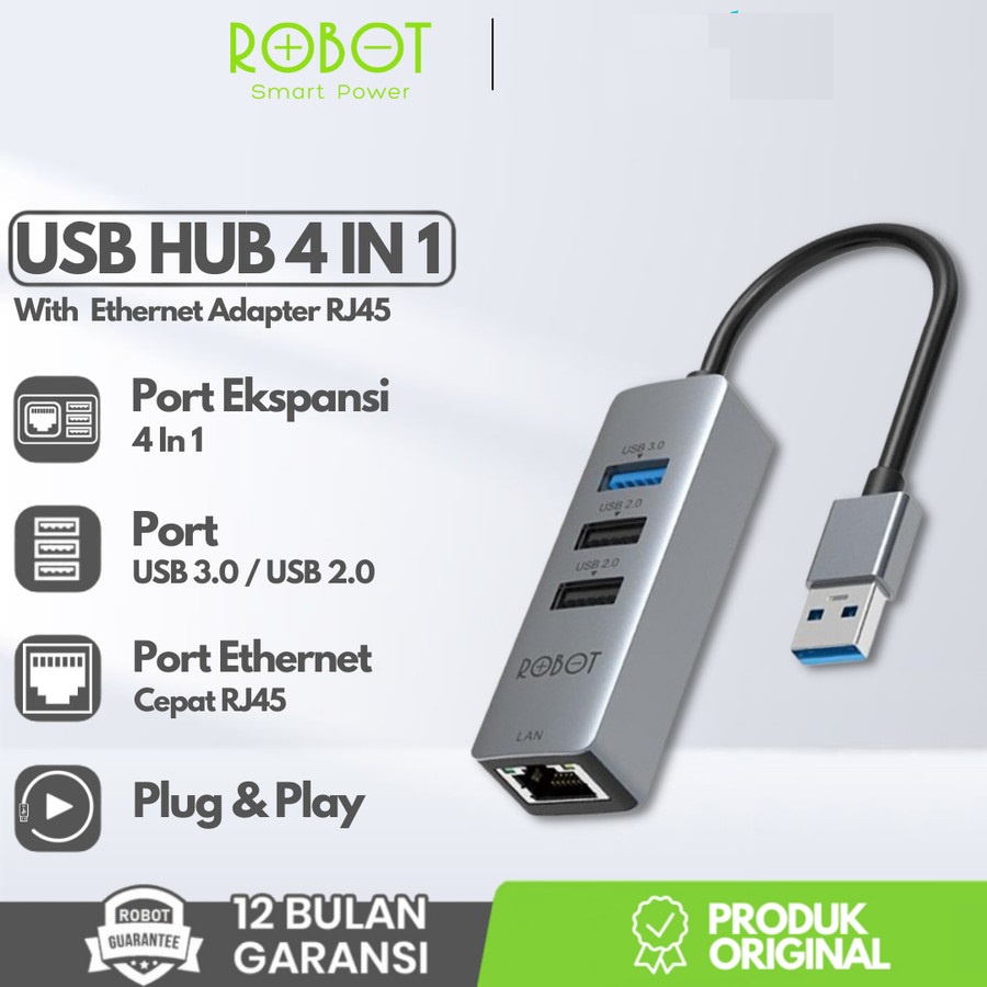 ROBOT HEA100 USB Hub 4 in 1 USB 3.0 - 2.0 Ethernet Adapter to RJ45 LAN