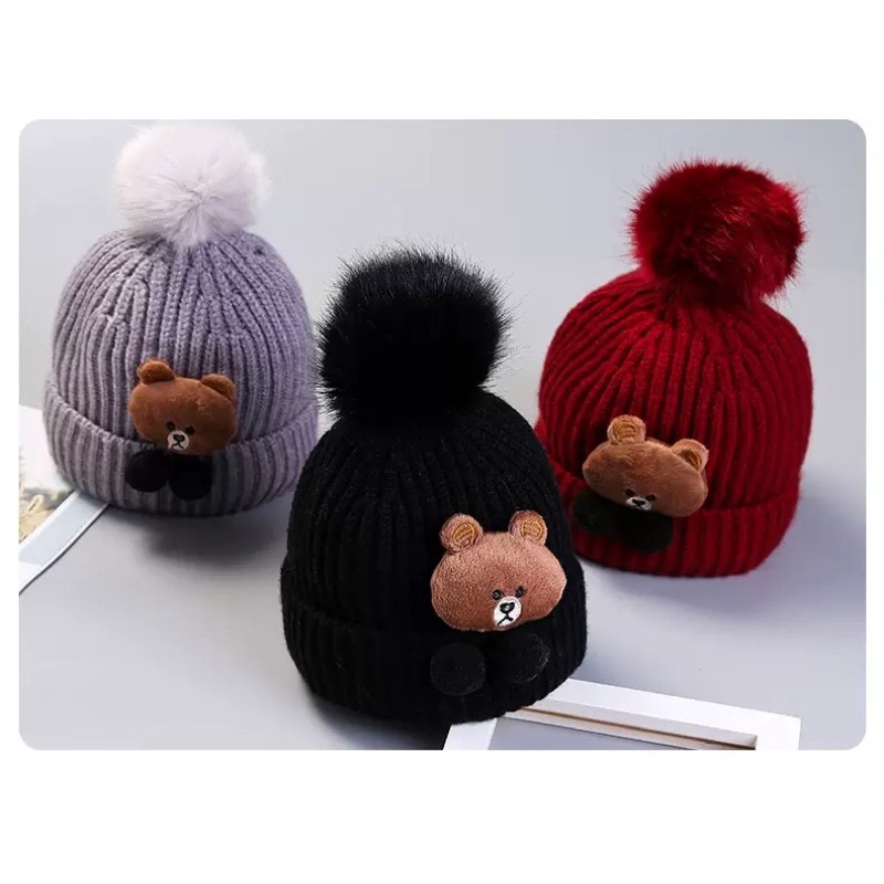 Topi kupluk wol lembut topi pom pom topi rajut newborn bayi baby knitted hat Bear