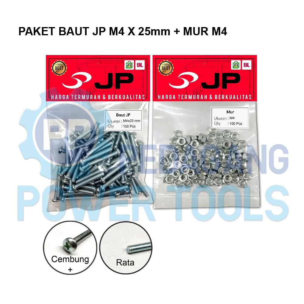 PAKET 2 SET BAUT MUR 4x25 BAUT JP M 4 x 25 MM MUR M4 SKRUP ISI 100 PCS