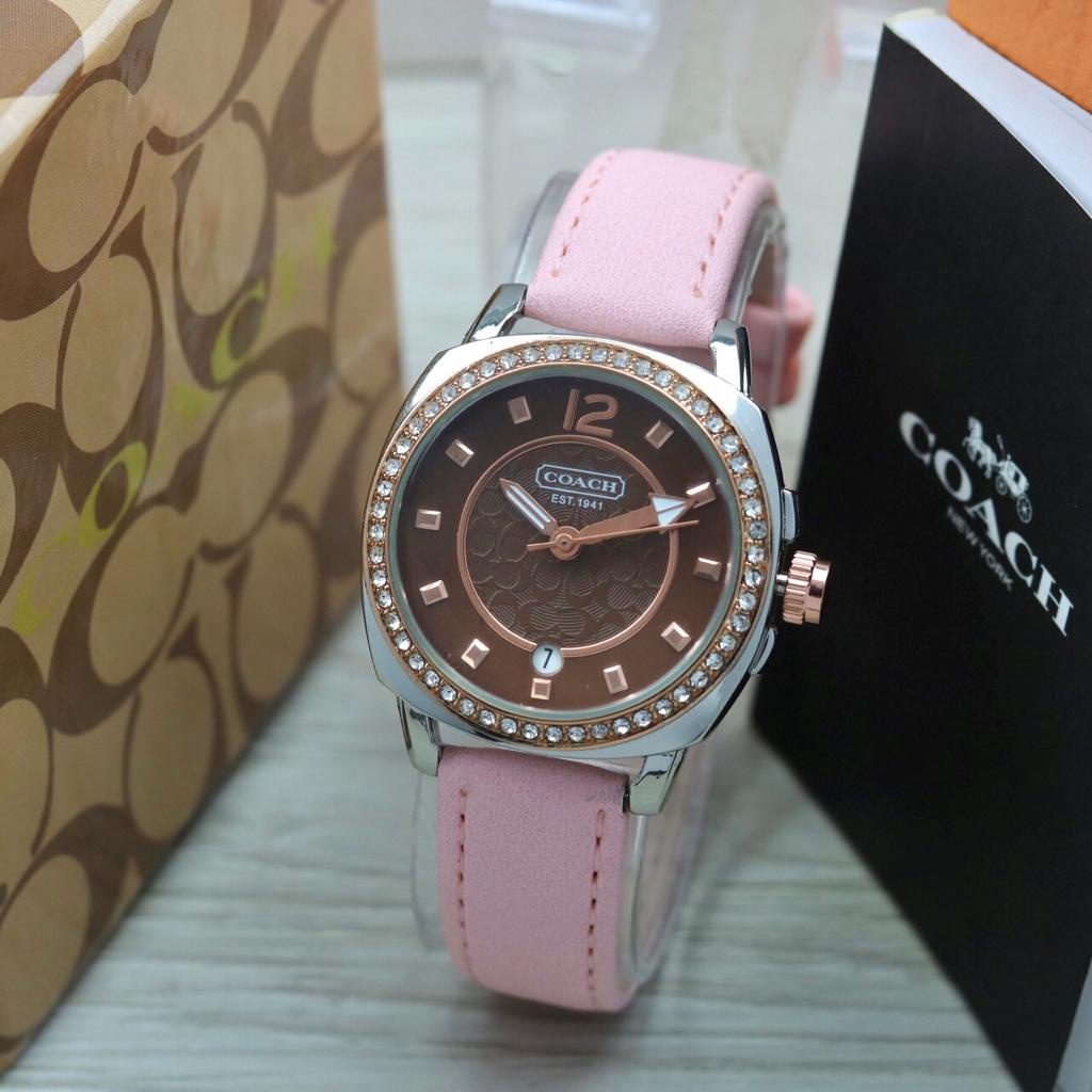 [ COD ] JAM TANGAN FASHION WANITA COACH C3575 WP TALI KULIT PINK TANGGAL AKTIF FREE BOX & BATERAI ||