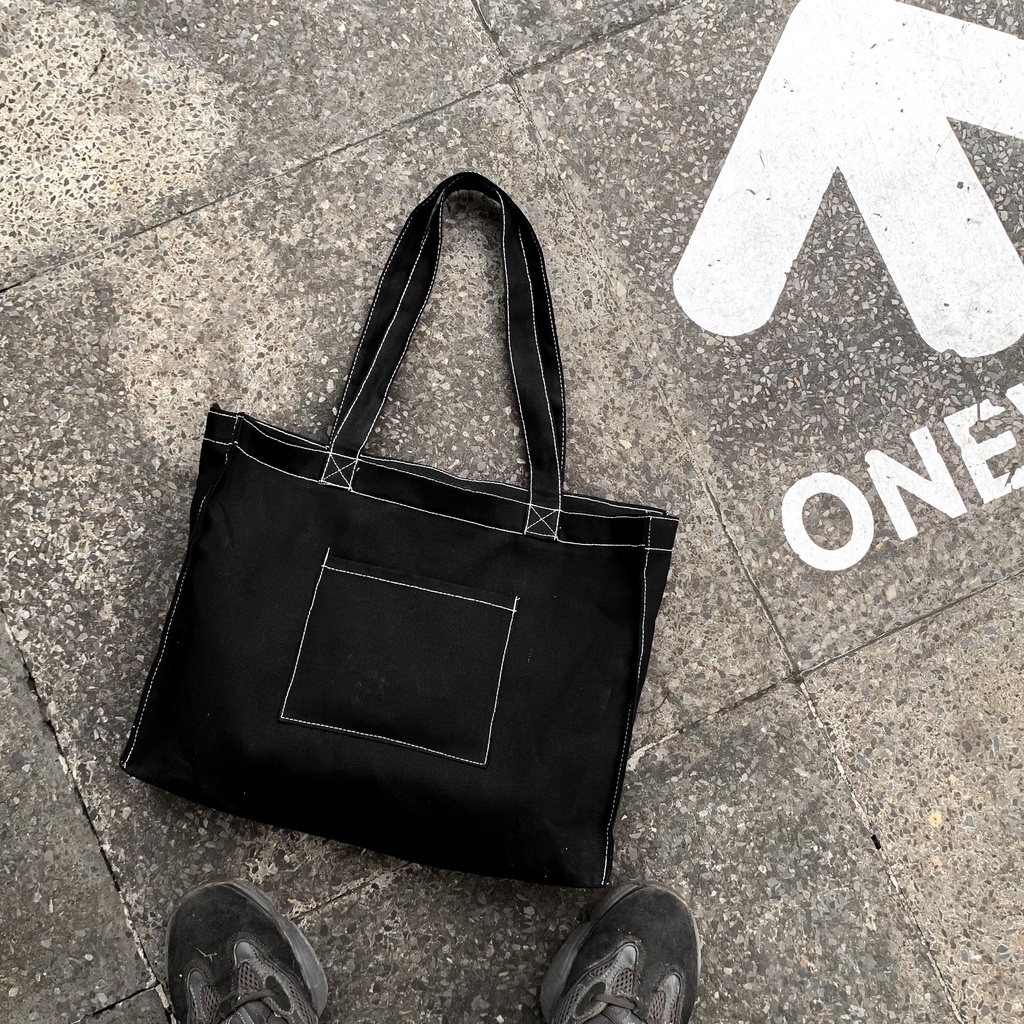 TOTE BAG RESLETING HITAM POLOS KANVAS TEBAL Kanvas Tebal Tas Laptop