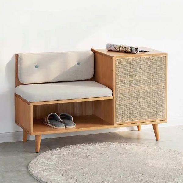 B038 SOFA BENCH STORAGE BOX PENYIMPANAN SEPATU KAYU JATI KOMBINASI ROTAN
