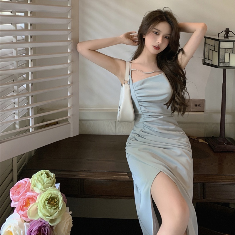 Suhao suspender dress wanita rok midi lipit seksi dewasa ringan