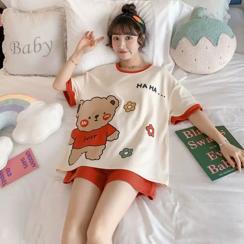 Ven 101- Setelan piyama lengan pendek import motif lucu/impor korea/baju tidur katun bahan lembut-106- Bear