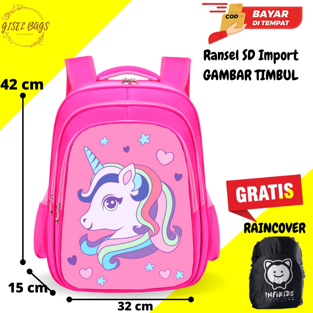 GB Tas sekolah anak perempuan SD ransel anak import gambar timbul  gratis raincover tas