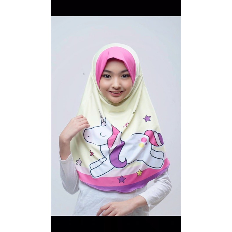 BERGO ANAK PRINTING MOTIF UNICORN BINTANG ,HIJAB INSTANT , HIJAB ANAK LUCU KARAKTER,JILBAB ANAK