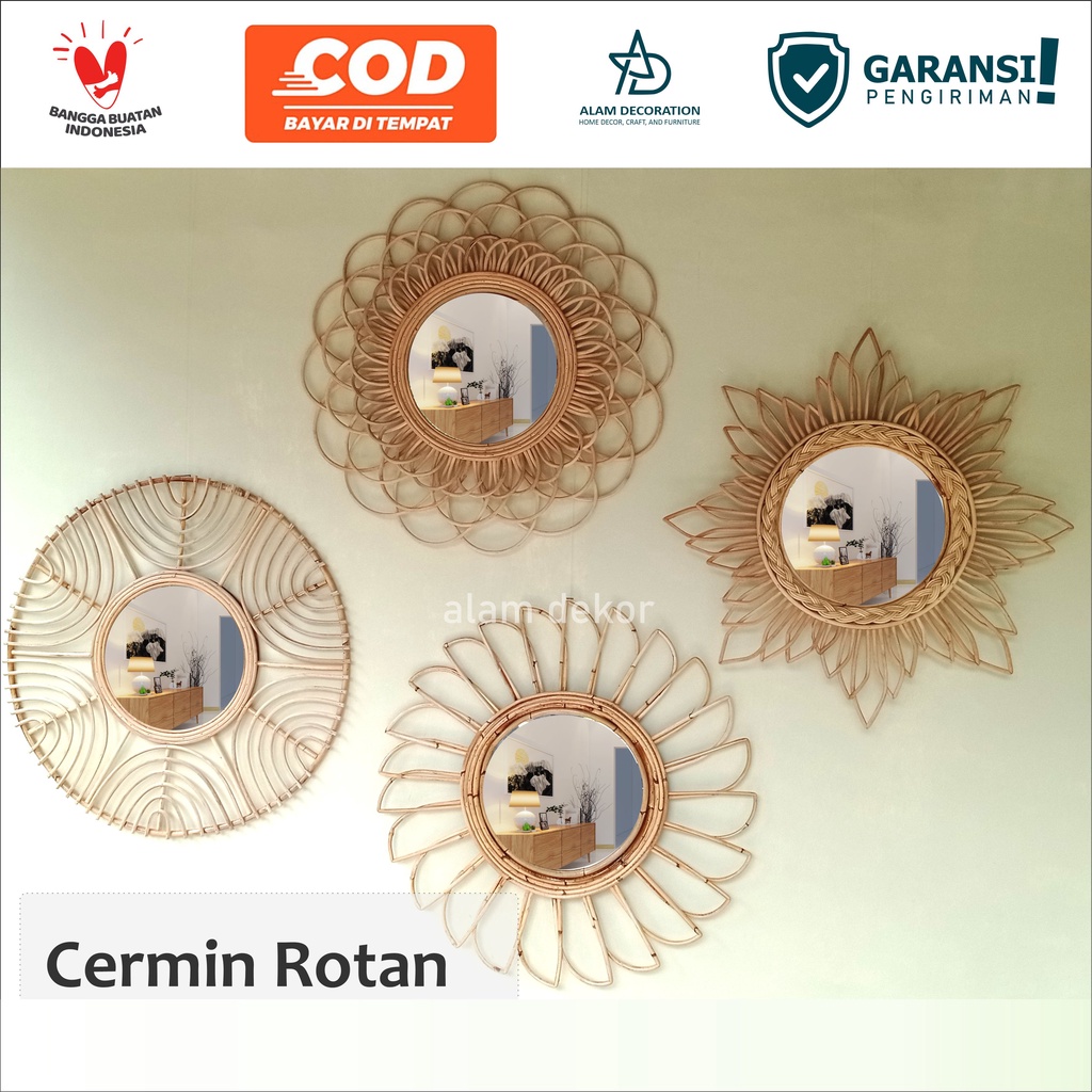 Jual Cermin Dinding Rotan Estetik 70 Cm Dekorasi Rumah Kaca Cermin