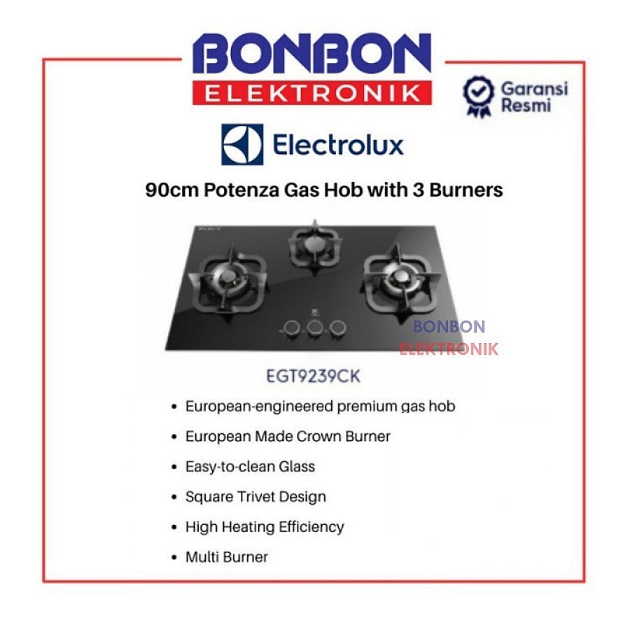 Kompor Tanam Electrolux EGT9239CK - Hitam, 90 cm, 3 Burner Kuningan