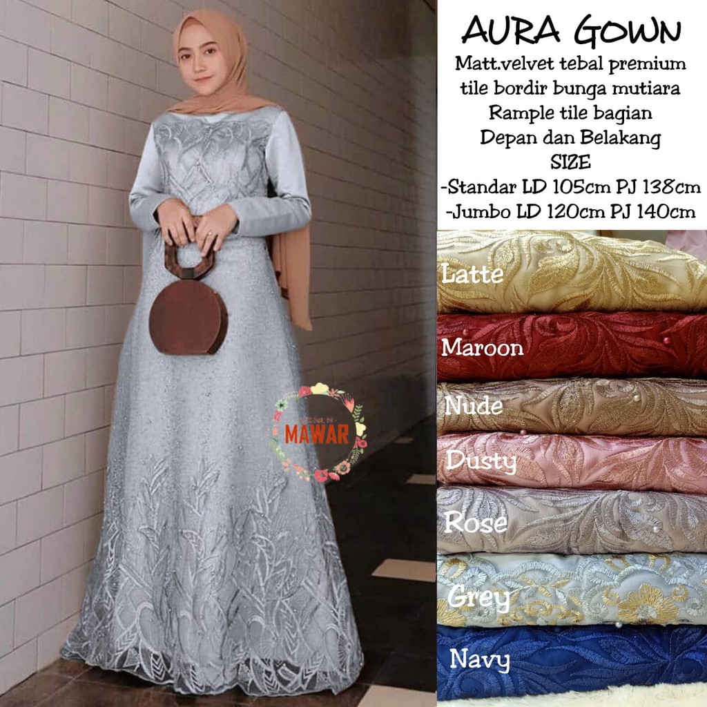 AURA GOWN long maxy party dress pesta brokat tile lengan panjang mayung fashion wanita cewek mawar