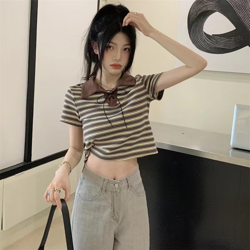 Women Short Sleeve Colar Striped Shirt Atasan Wanita Lengan Pendek Berkerah 2803 (S-XL)