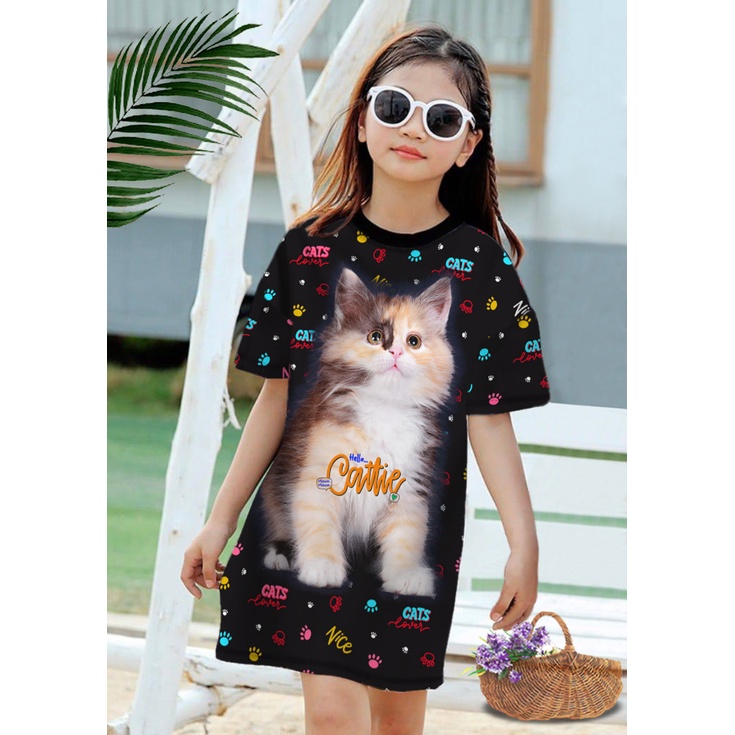 VF -  DRESS ANAK MOTIF PRINT KUCING USIA 2-8 TAHUN