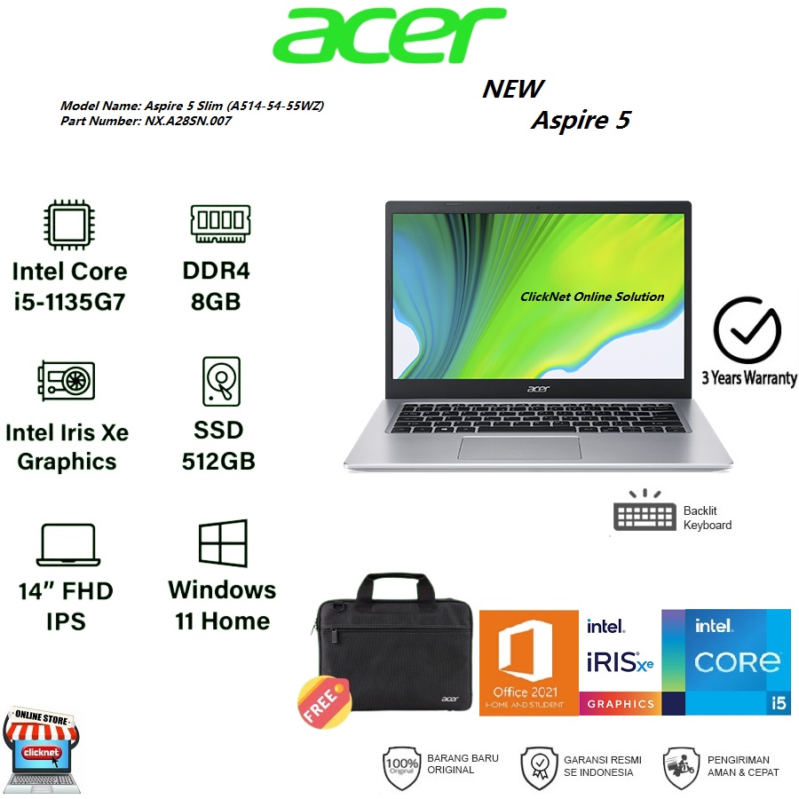 ACER Aspire 5 Slim (A514-54-55WZ) I5-1135G7 8GB 512GB SSD FHD WIN11 OHS SILVER