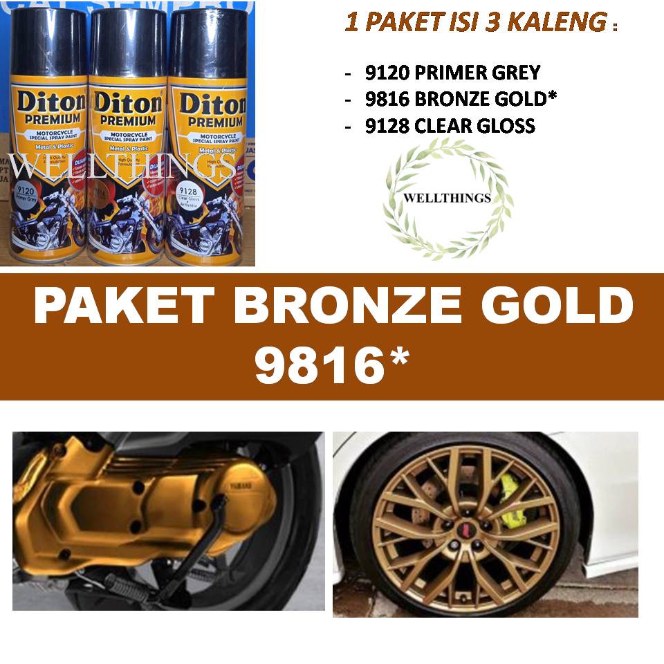 Paket Lengkap Cat Pilox Diton Premium 9816 Bronze Gold Tembaga 400cc Velg Mesin Sepeda Motor Mobil
