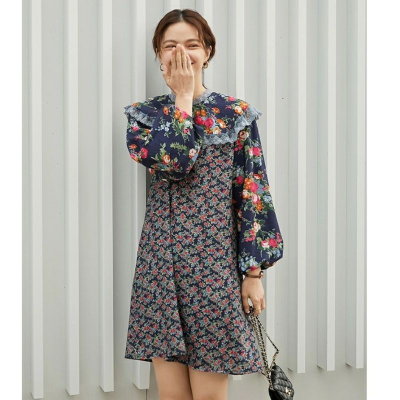 MDLV ~ 8940 Balencia Mini Dress Navy Floral Dress Mini premium Fashion Import