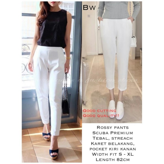 Celana Kain Keren Murah Kekinian Wanita Terbaru Cewek Pocket Mi B RM636 Rossy Basic Pants Putih [Ce