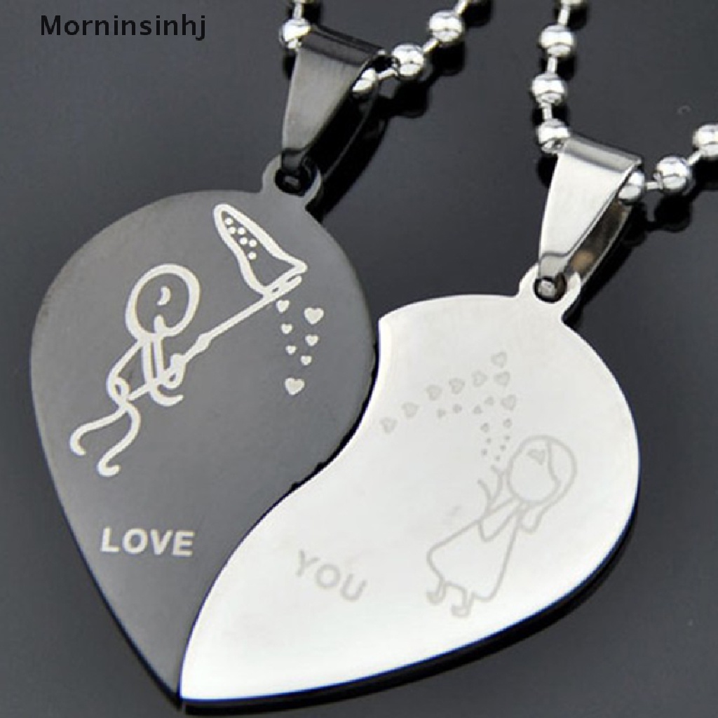 Mornin Couple Broken Heart Pendant Black Cord Kalung Engrave Love You Choker Necklace id