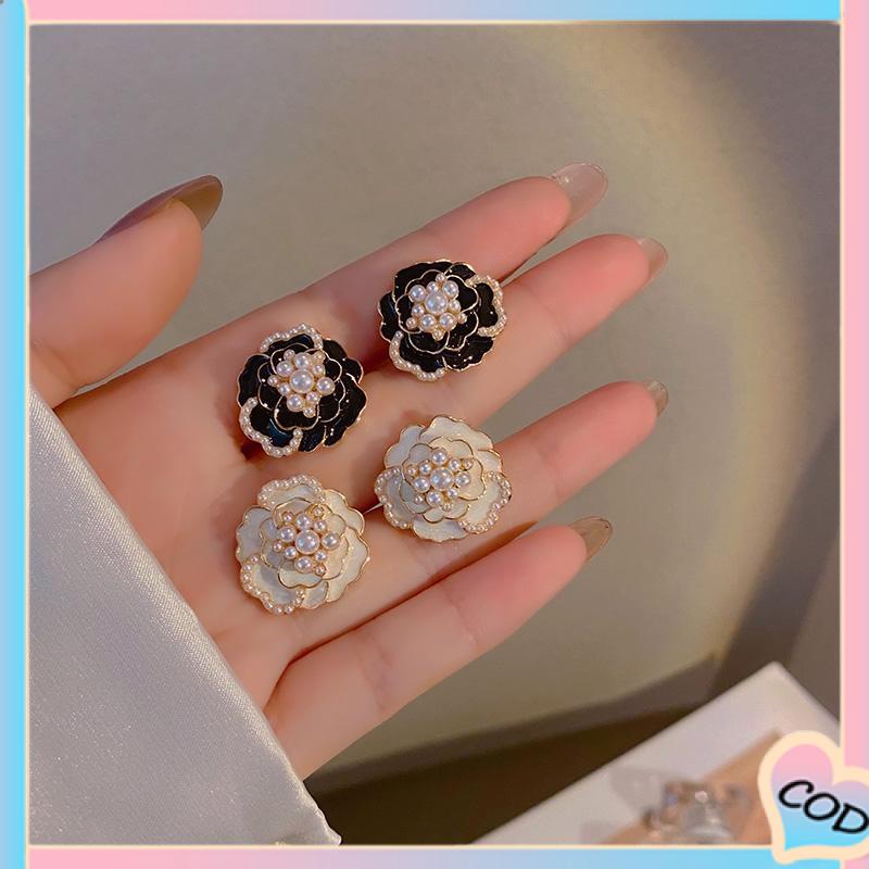 COD❤️925 anting-anting mutiara Camellia Retro anting-anting bunga berlian-A.one