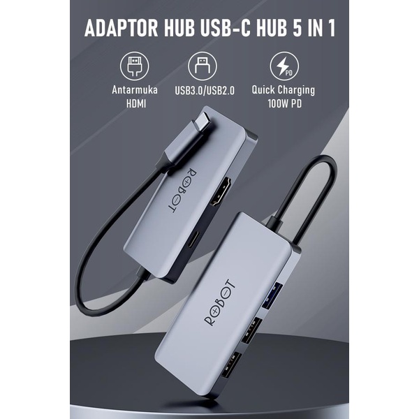 Robot HT255 5in1 USB-C HUB Adapter Type C HUB PD USB 3.0 HDM Adaptor