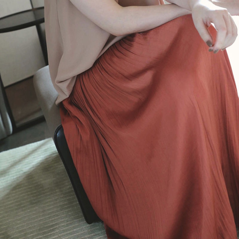 【impor】Rok lipit plisket wanita warna polos setengah panjang musim panas baru