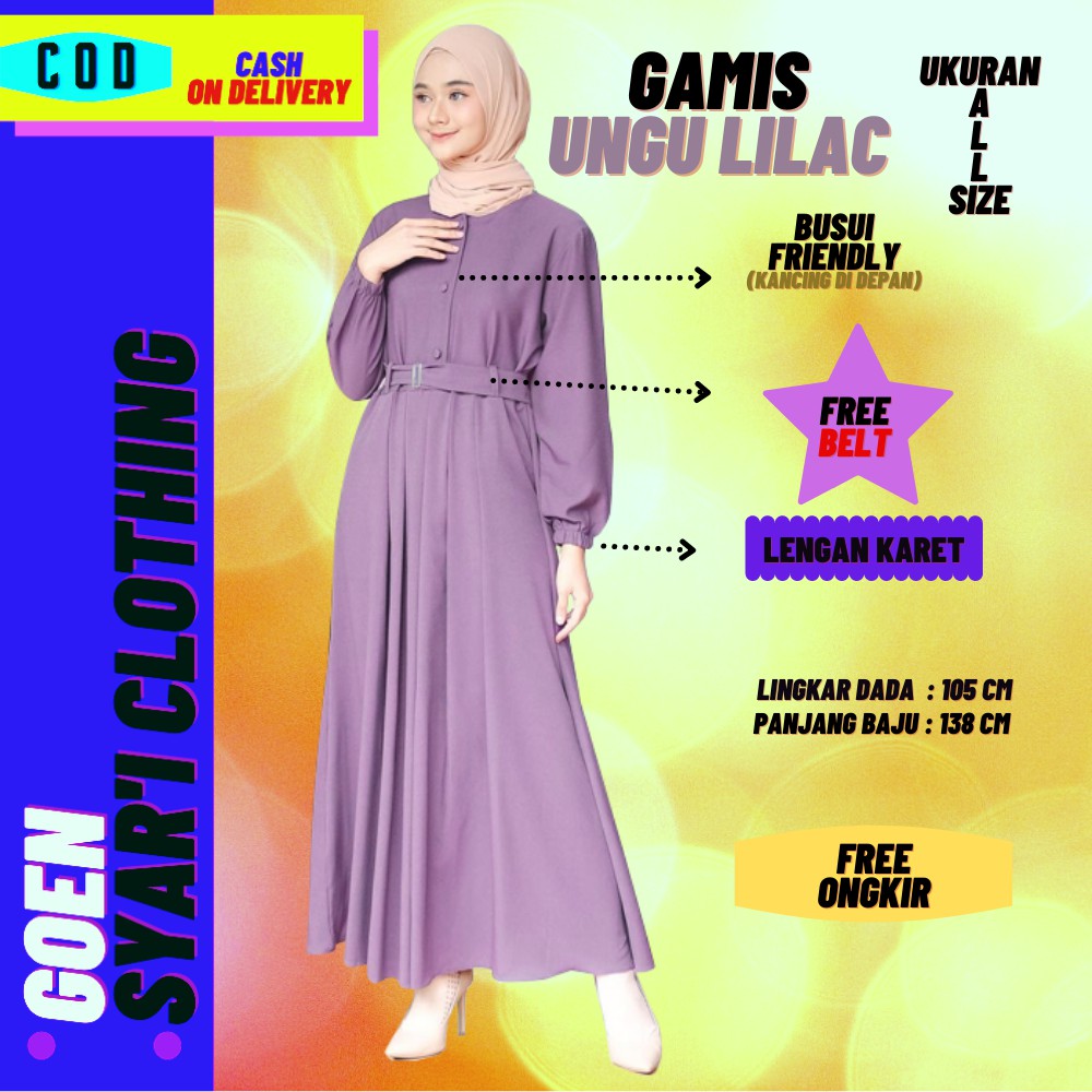 BAJU GAMIS DRESS WANITA MUSLIM DEWASA LENGAN PANJANG EXCLUSIVE KEKINIAN WARNA UNGU LILAC F11