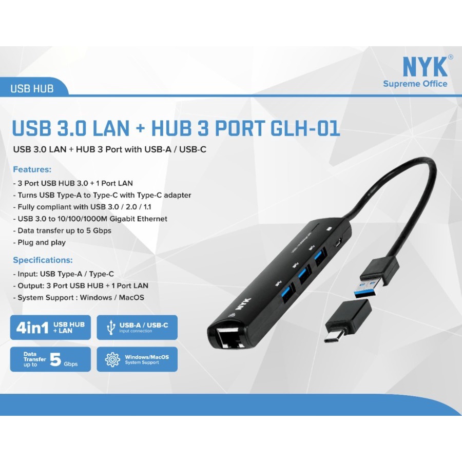 USB HUB NYK 3.0 3 Port LAN + Type-C 3.1 GLH-01