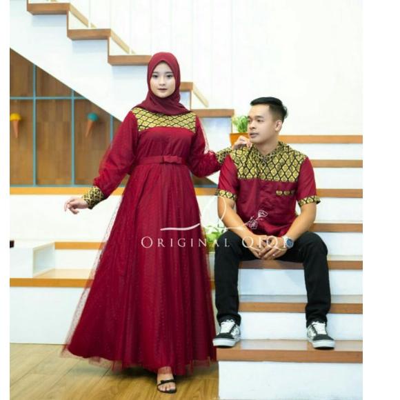 Penjualan Terbanyak.. set coupel dress gamis brukat baju couple pasangan gaun pesta muslimah batik c
