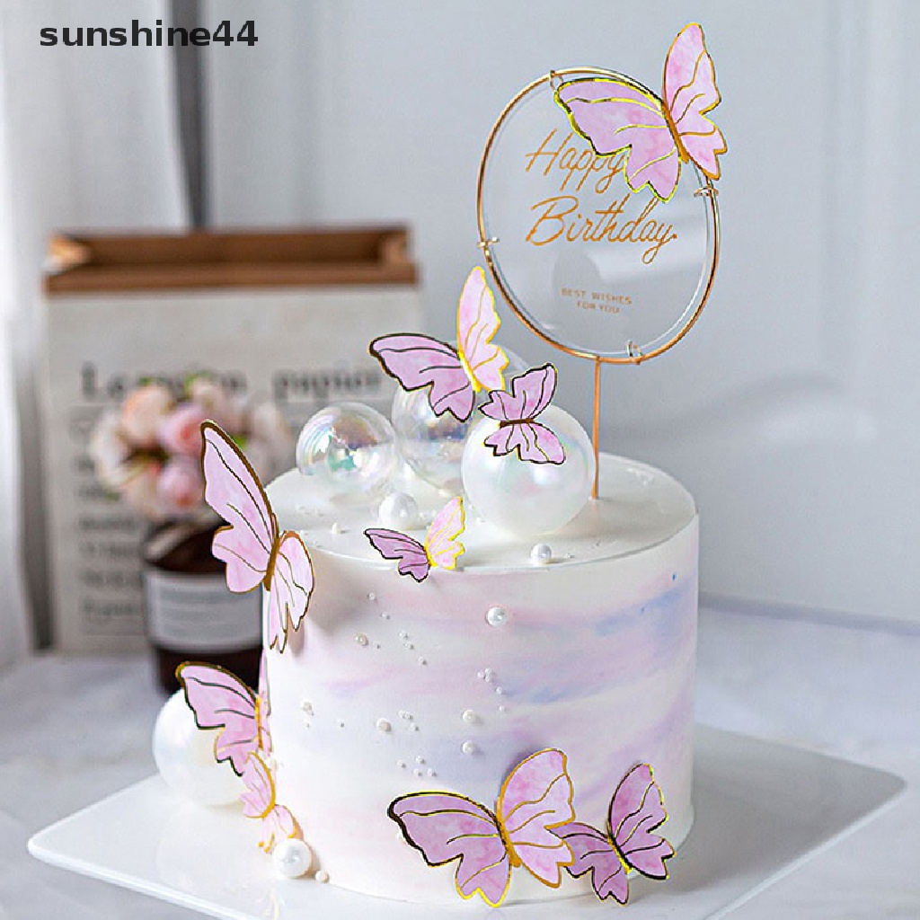 Sunshine Hiasan Topper Kue Ulang Tahun Bentuk Kupu-Kupu Ungu / Pink Handmade