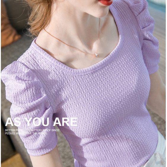 【Moon Blush】Plain Half Sleeves Square Collar Slim Soft And Comfortable T-Shirt 7395