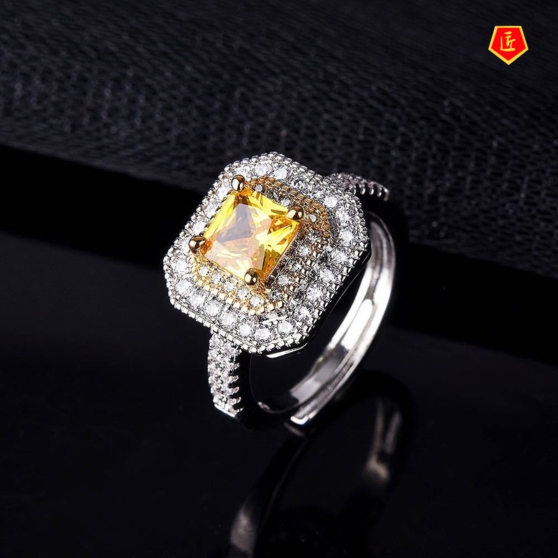 [Ready Stock]Luxury Micro-Inlaid Square Yellow Diamond Ring