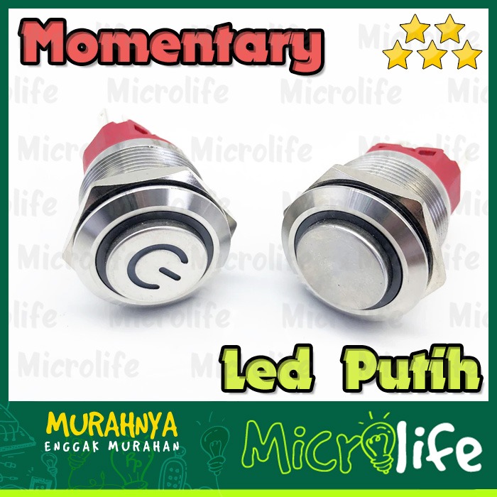 Push on Button Stainless Power LED Putih 16mm 9-24v Momentary White