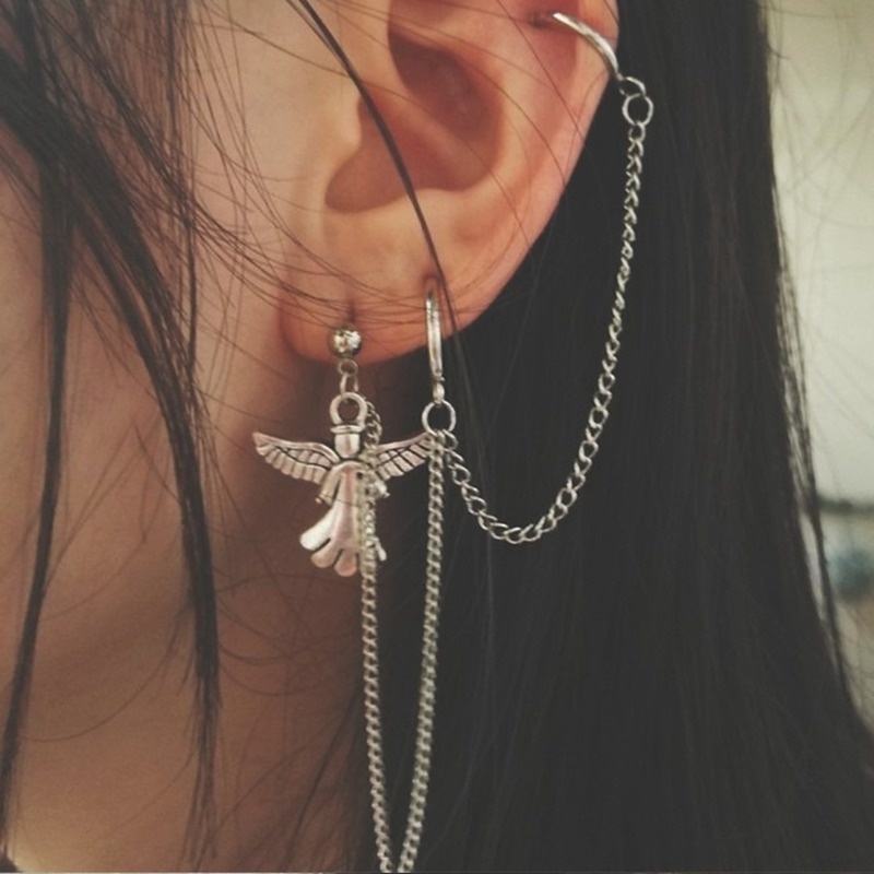 Personality trend prayer angel dark punk chain one ear bone clip  210818