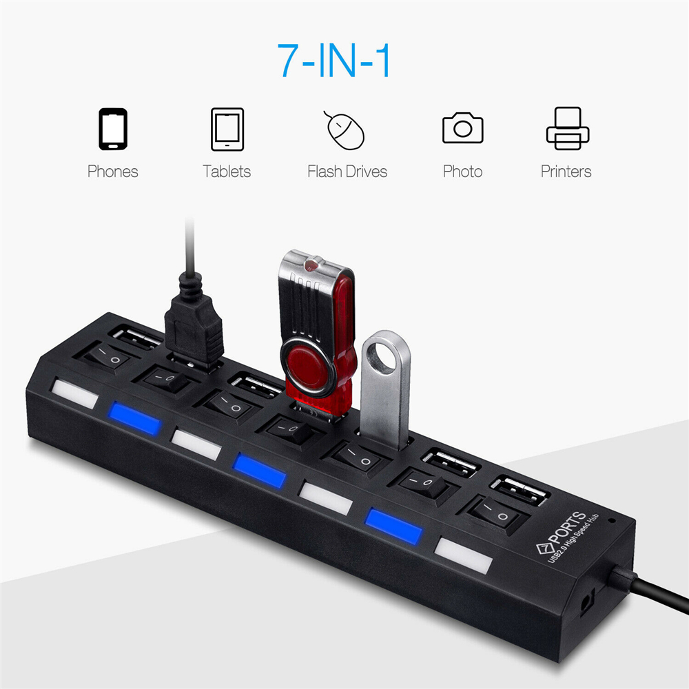 USB 2.0 HUB Multi USB Splitter 7 Port Expander Multiple USB Power Adapter with Switch For PC