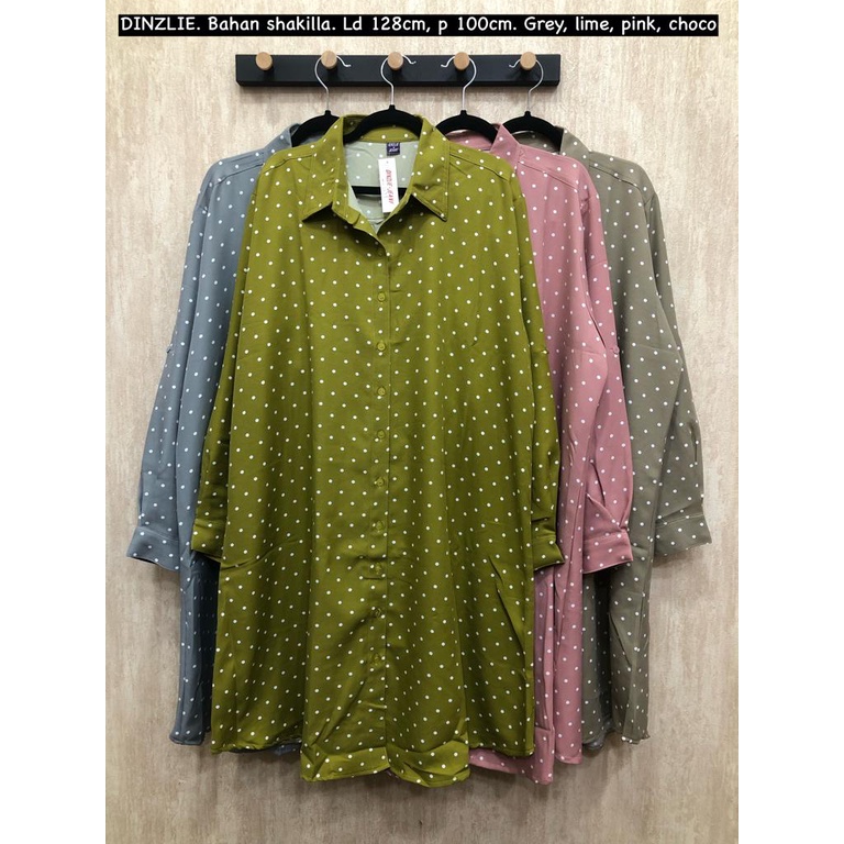 KEMEJA WANITA TUNIK TUNIC DRESS BAHAN SHAKILLA MOTIF POLKA POLKADOT DOT BINTIK BIGSIZE JUMBO