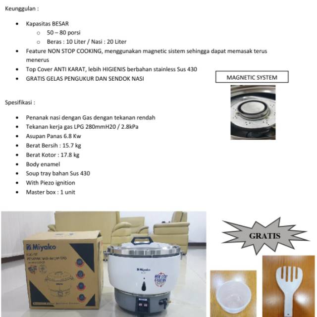Rice Cooker Miyako MGC-10T Penanak Nasi Dengan Gas (Beras 10Liter/Nasi 20Liter