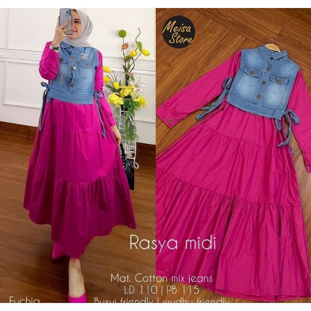 Rasya Midi Dress / Midi Dress Mix Outer Jeans Terbaru 2022 Kekinian / Dress Wanita Terbaru Modern / 