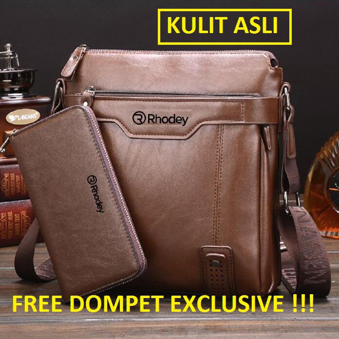 (KULIT ASLI) Rhodey Tas Selempang Messenger Crossbody Bag Pria free Dompet