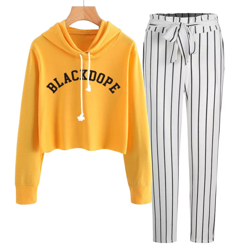 BESS - Baju Setelan Wanita Murah / Setelan Hoodie Crop + Celana Salur Putih - BLACKDOPE